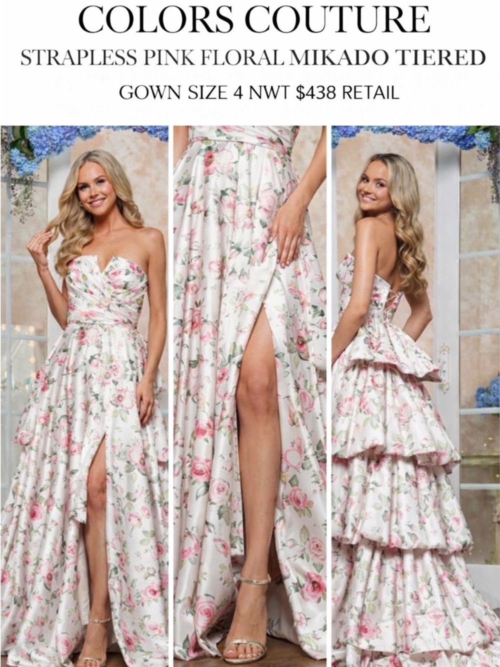 Colors Couture Pink Floral Mikado Strapless Tiered Slit Gown 4 NWT Cottagecore - Picture 3 of 6